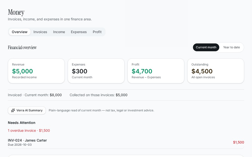 Verra Money workspace with hypothetical sample data