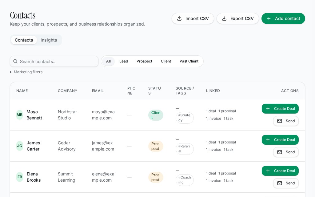 Verra Contacts workspace with hypothetical sample data